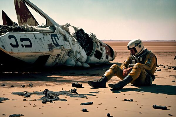 Astronaut depressed with a broken spaceship